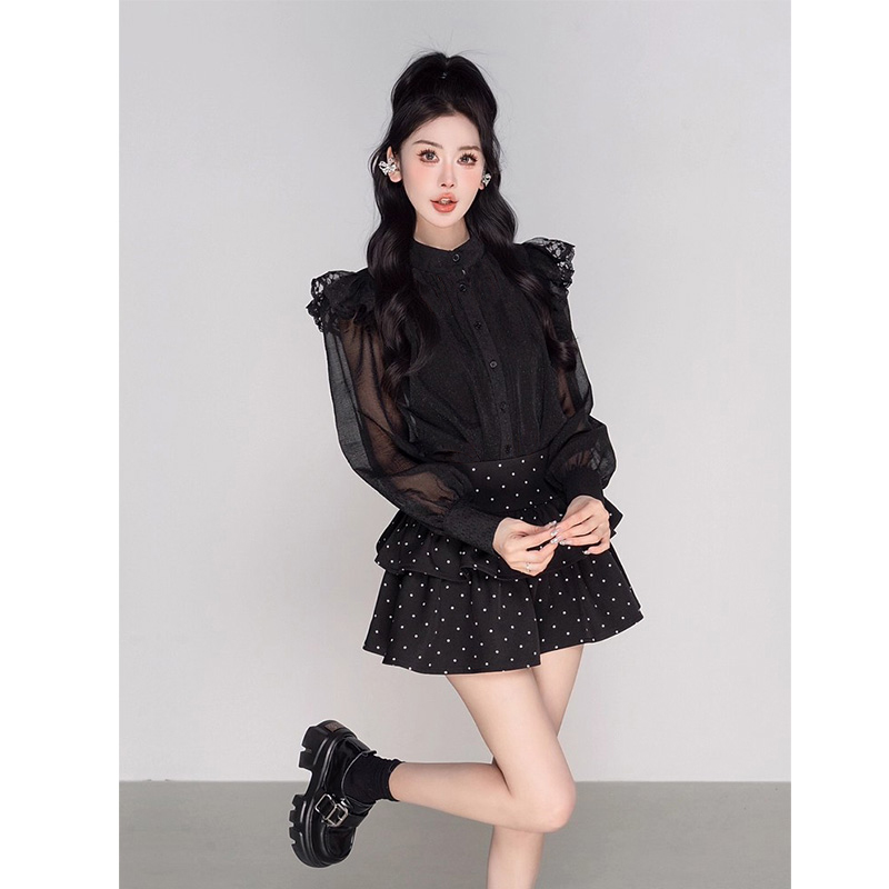 甜美波点蓬蓬黑色蛋糕裙女秋季高腰显瘦a字短裙套装两件套D3231