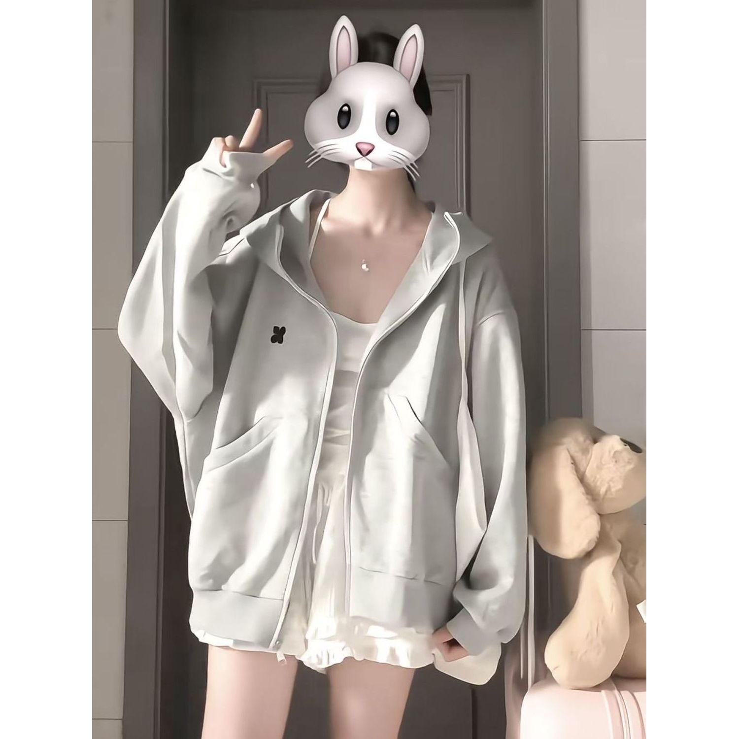 韩系早秋chic外套女春秋季薄款宽松休闲百搭连帽拉链开衫卫衣潮牌