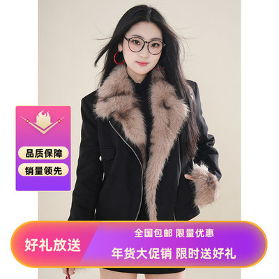 蒂连帽安娜小姐黑色皮毛一体机车服外套女2024年冬季新款减龄外套