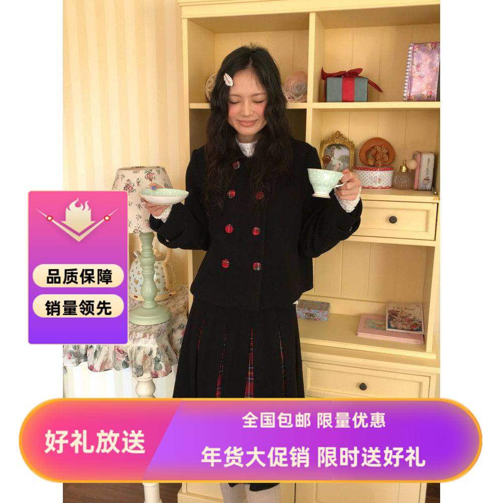 【莓雾织章】圣诞氛围套装双排扣毛呢外套红格子拼接百褶裙两件套,女装/女士精品,时尚套装,淘宝优惠券,粉丝福利购,淘宝优惠卷