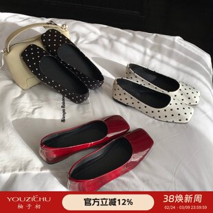 一脚蹬方头百搭波点平底鞋 柚子初单鞋 浅口复古韩版 新款 女2026春季