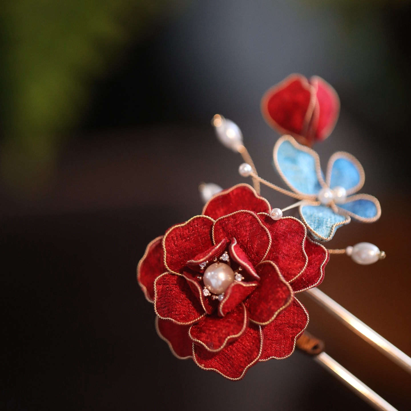 掐丝仿绒花牡丹发饰簪子敬酒服