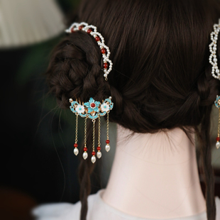 国风现代旗袍配饰发插头饰古典烧蓝贝壳流苏发梳古风儿童发饰插梳
