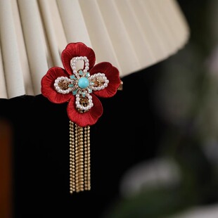 手工缠花国风如意纹头饰 红色新年发夹少女新中式流苏侧边夹发饰