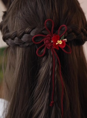 手工编织中国结绒花发夹 国风边夹蝴蝶结头饰汉元素新年红色发饰
