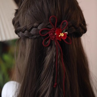 手工编织中国结绒花发夹 国风边夹蝴蝶结头饰汉元素新年红色发饰