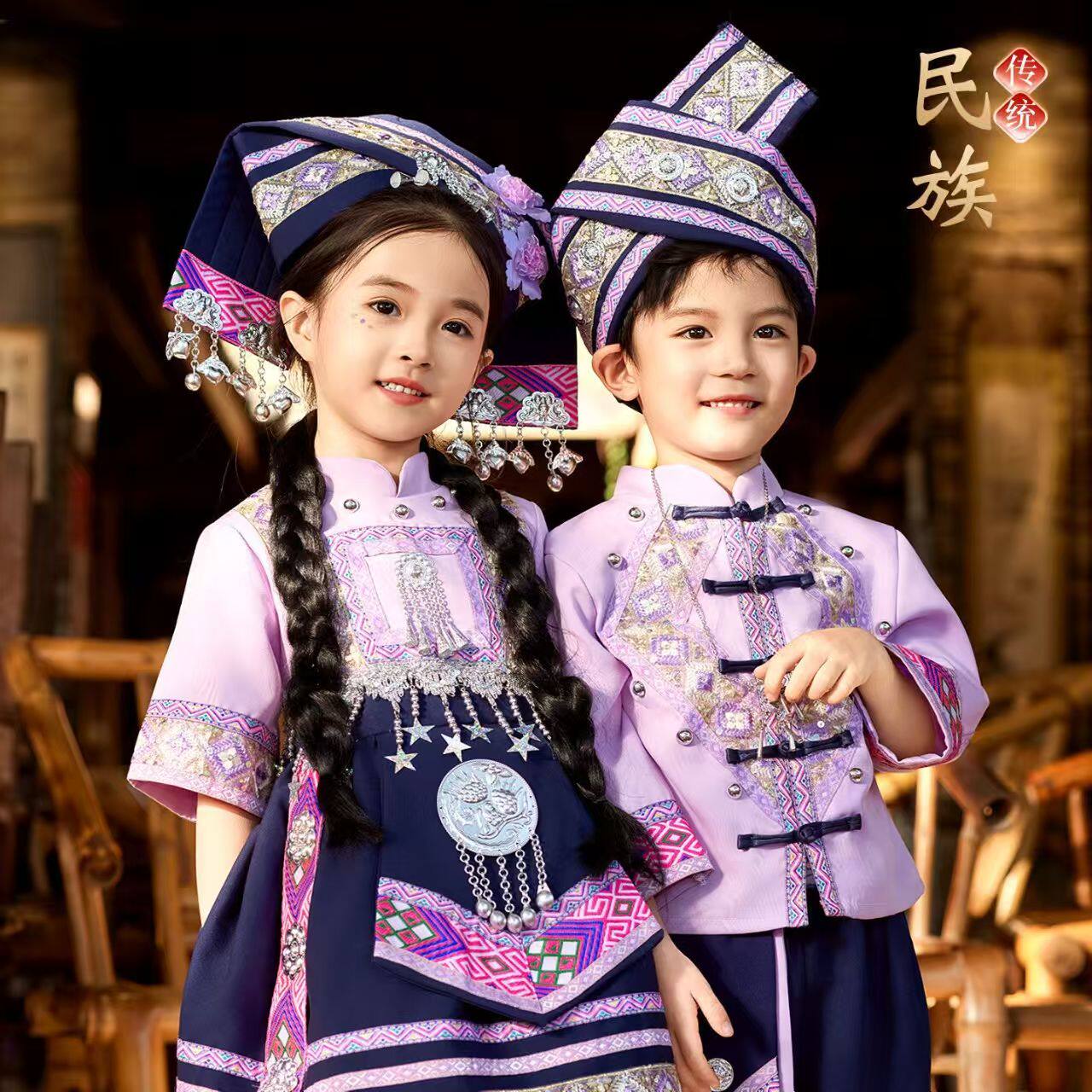 三月三儿童壮族演出服广西女童少数民族女童侗族舞蹈苗族合唱服装