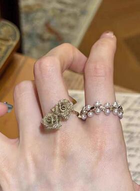 中古级金色立体玫瑰花戒指时尚仿珍珠戒指轻奢复古简约百搭指环