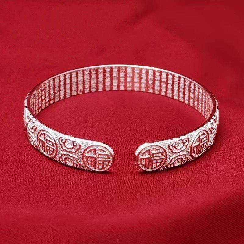 中国风百福开口银色手镯设计复古文艺时尚个性民族风送妈妈礼物