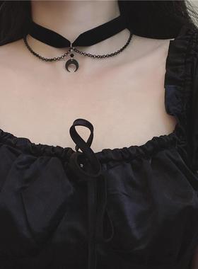哥特风月牙choker颈链暗黑色项圈女颈带锁骨链辣妹脖子配饰颈环