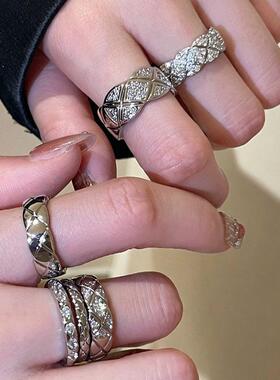 重工vintage中古镶钻菱格宽戒指女小香风轻奢满钻叠戴食指戒指环