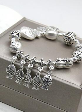 古法手链多元素重金属多宝鱼五条小鱼大象弹力手链莲花手链女