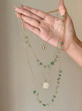 欧美新款多层叠戴不规则绿色碎石项链小众创意甜酷辣妹百搭锁骨链