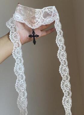 复古白色蕾丝十字架长条丝巾项链女法式纯欲风独特绝美锁骨链配饰