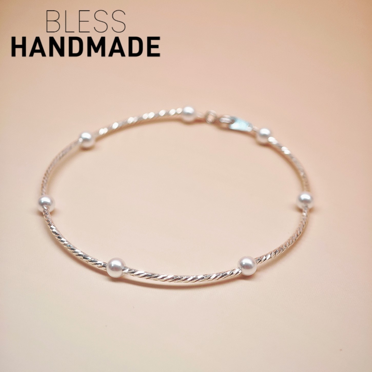 原创925纯银色爆闪切面软手镯强光正圆小珍珠手链女保色好百搭