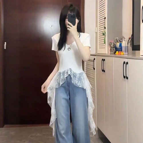春季辣妹V领短袖蕾丝飘带T恤