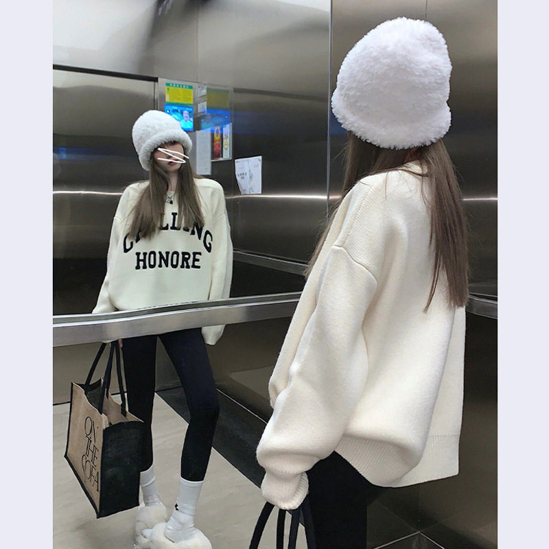 纯棉白色圆领卫衣女秋冬季2024新款别致加绒设计感小众中长款上衣