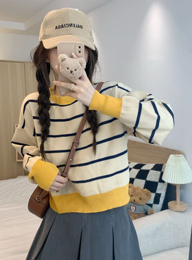 条纹宽松短款套头毛衣女秋新