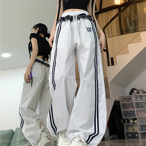 夏季条纹拼接高腰束脚阔腿裤女