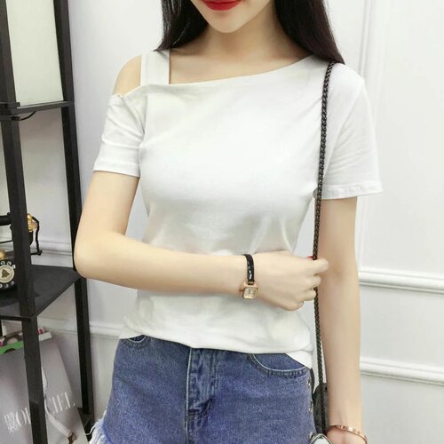 白色斜肩短袖显瘦设计感T恤女