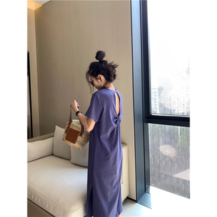 小心机大码打结露背t恤裙女夏ins懒人紫色长款过膝宽松休闲连衣裙