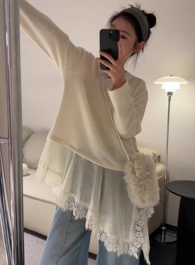 韩版不规则假两件蕾丝显瘦T恤