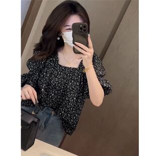 法式碎花雪纺衫女短袖宽松方领黑色上衣洋气减龄夏季新款