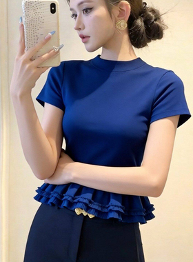 夏季圆领蓝色拼接休闲显瘦短袖t恤女设计感修身正肩上衣女装