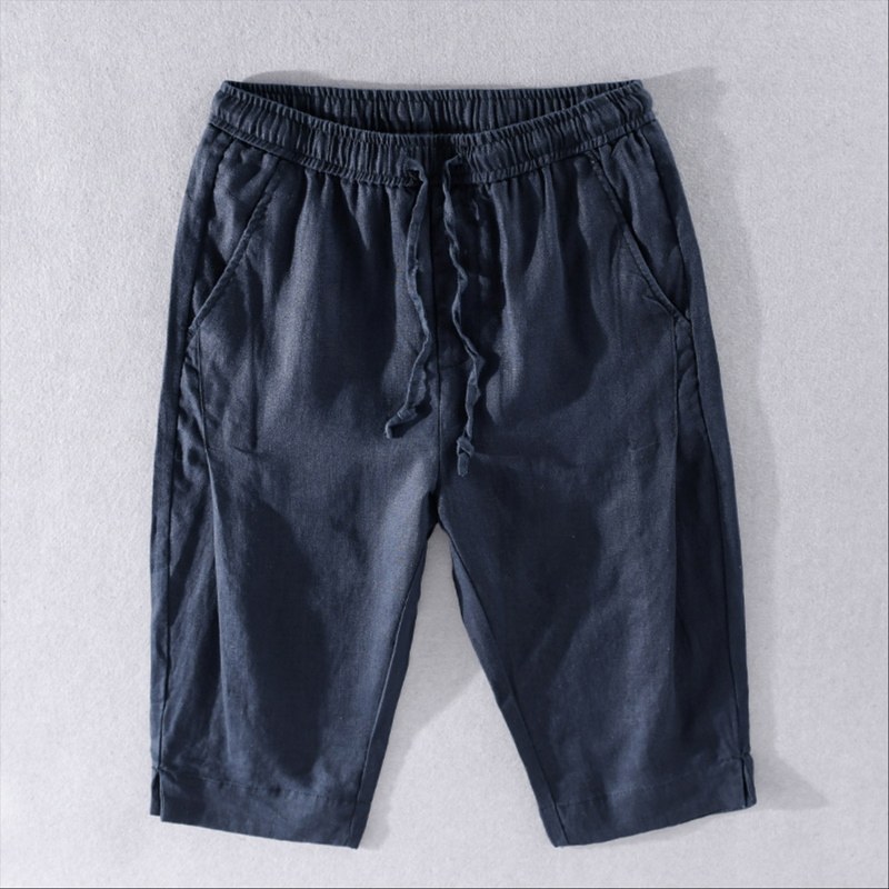 LINEN SHORTS CROPPED PANTS 2024 SUMMER LINEN THIN TETHER JAPANESE VINTAGE LOOSE FULL LINEN CASUAL SHORTS MEN