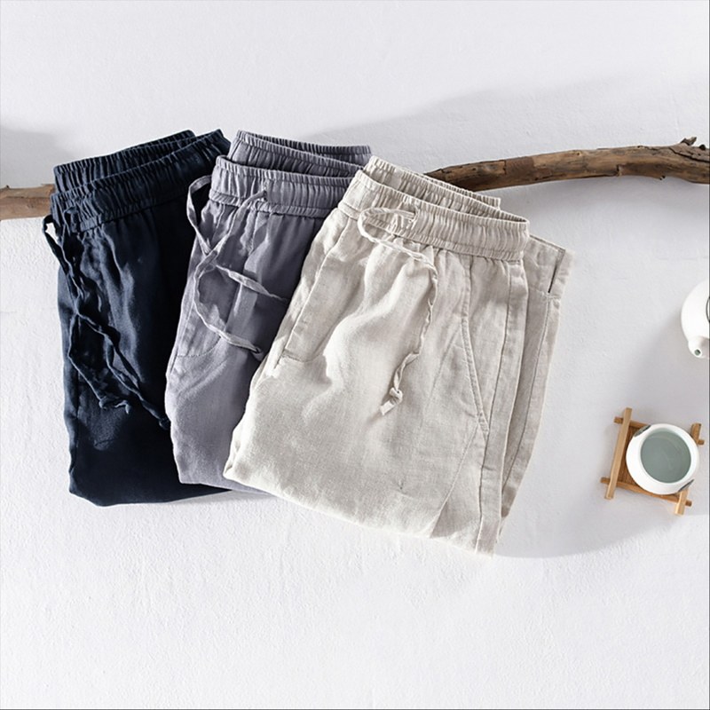 LINEN SHORTS CROPPED PANTS 2024 SUMMER LINEN THIN TETHER JAPANESE VINTAGE LOOSE FULL LINEN CASUAL SHORTS MEN