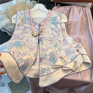 高级感年轻印花无袖 秋季 坎肩背心上衣 国风刺绣紫边马甲新款 新中式