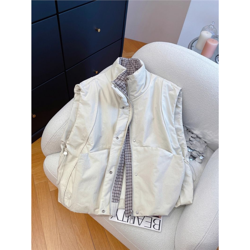 韩版时髦立领抽绳收腰格纹里马甲女2025冬季新款宽松叠穿保暖马夹,女装/女士精品,马夹,淘宝优惠券,粉丝福利购,淘宝优惠卷