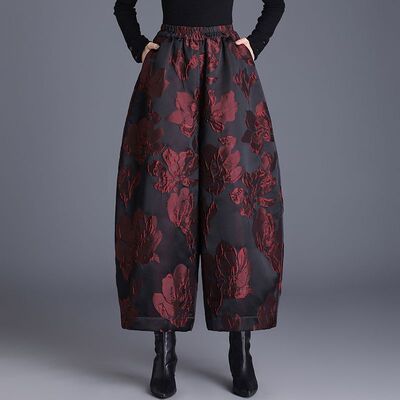 高腰浮雕提花羽绒棉裤九分阔腿裤