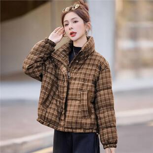 时尚 新款 宽松加厚面包服棉衣外套 2025冬季 格子立领羽绒棉服女短款