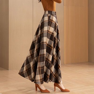 半身裙女复古格子毛呢加厚a字裙