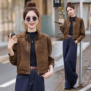 鹿皮绒夹克女短款小个子上衣2026春秋款洋气宽松百搭立领机车外套