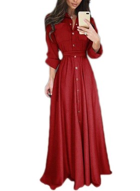长裙2019秋季新款欧美风纯色单排扣衬衣领连衣裙长裙礼服裙 RESS