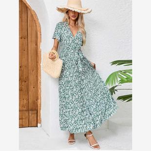 欧美风夏女波西米亚度假风碎花裙子棉绸短袖连衣裙收腰沙滩长裙
