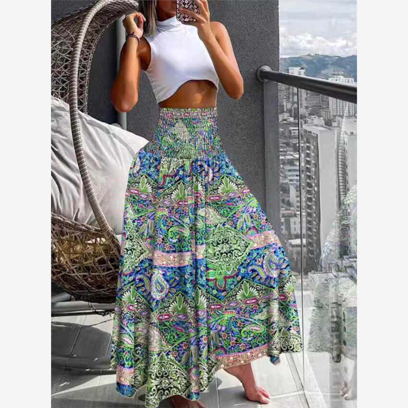 欧美海边度假沙滩半身裙复古印花波西米亚松紧高腰半身长裙女夏