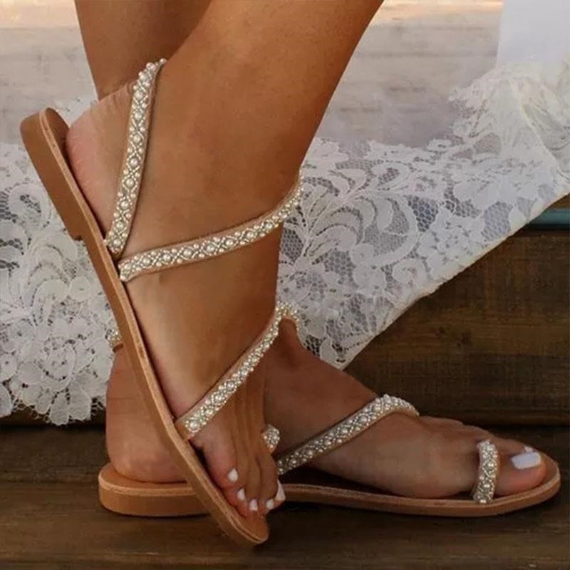 凉鞋女平底水钻大码沙滩鞋Women's sandals flat sandals