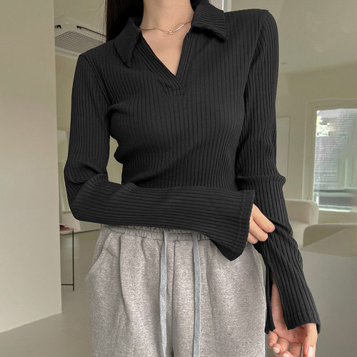 POLO neck pit strip short slit knitted POLO领短款针织上衣女