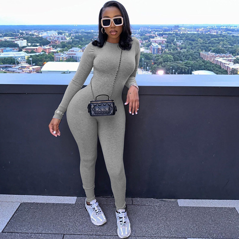 欧美女装新款时尚纯色高腰紧身运动健身连体裤Slim fit jumpsuit