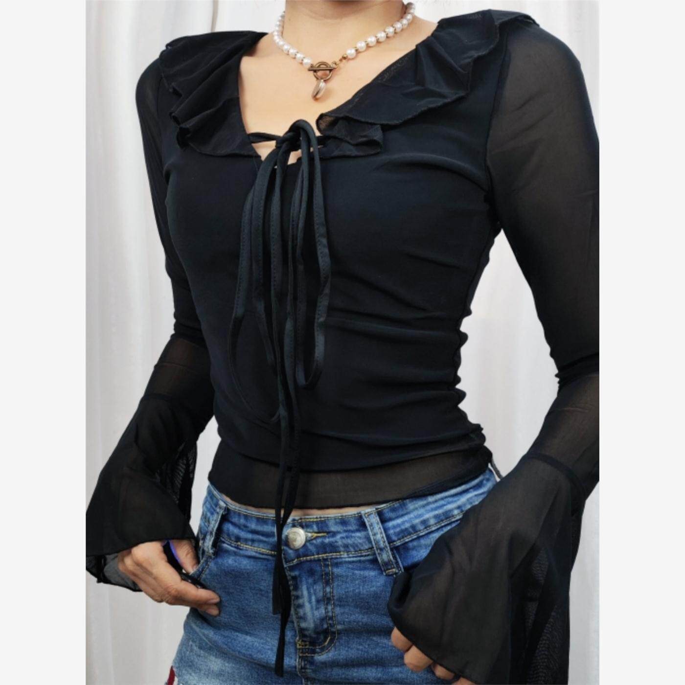 Go Girl同款欧美风V领荷叶边系带黑色网纱长袖T恤女修身短款上衣