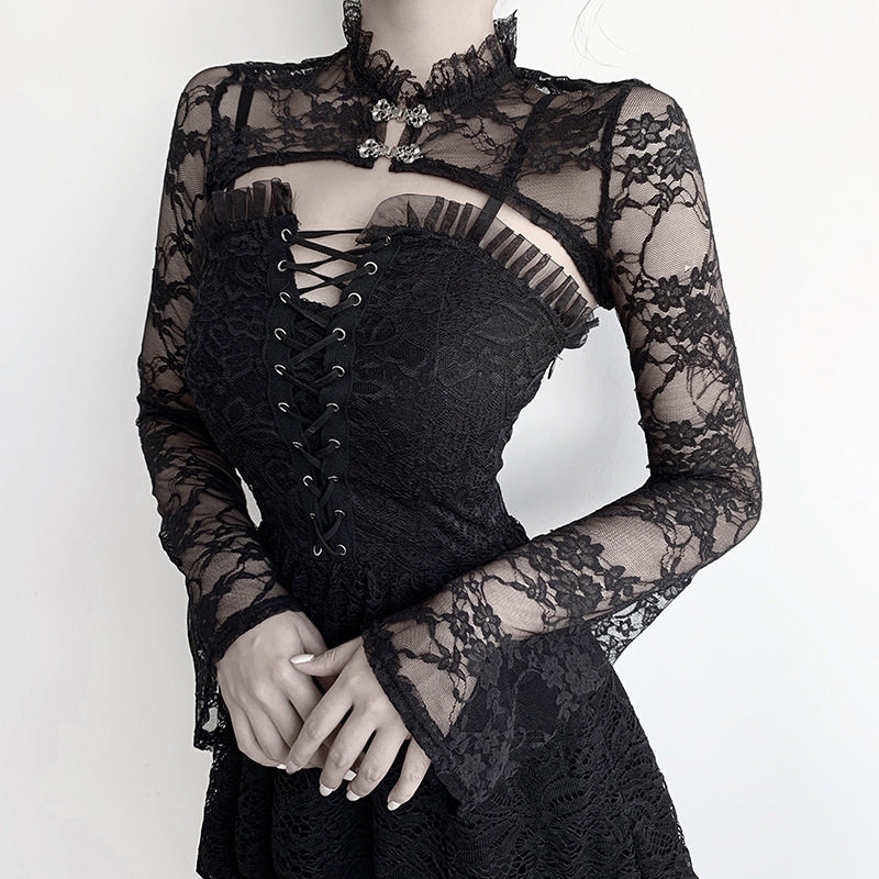 Trumpet sleeve long sleeve lace bottoming立领罩衫长袖打底女