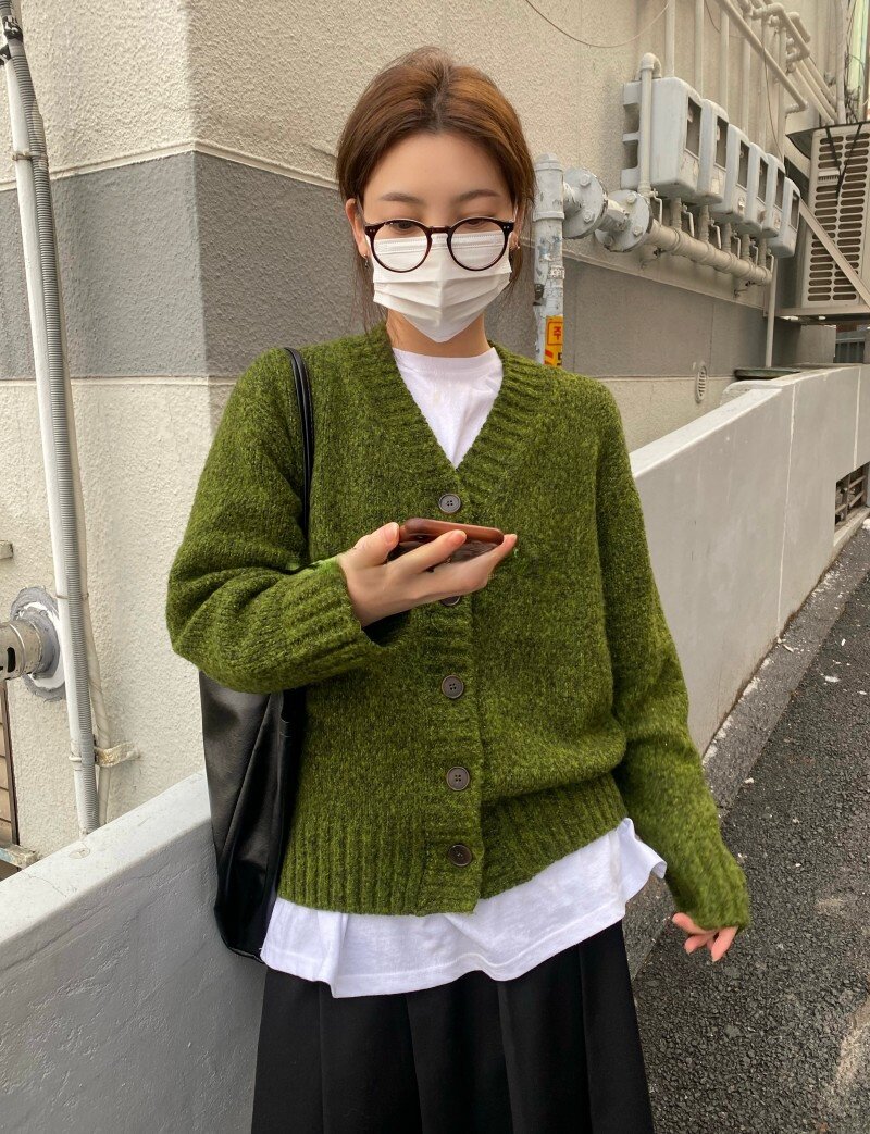 unique sei 韩国小众混色感时髦韩博主款v领宽松针织开衫毛衣外套
