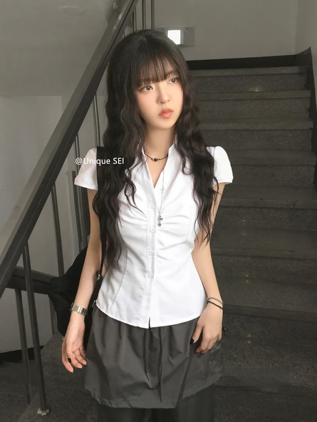 thumbnail for Unique SEI Korean summer preppy style slim slim lapel waist versatile short-sleeved shirt top for women