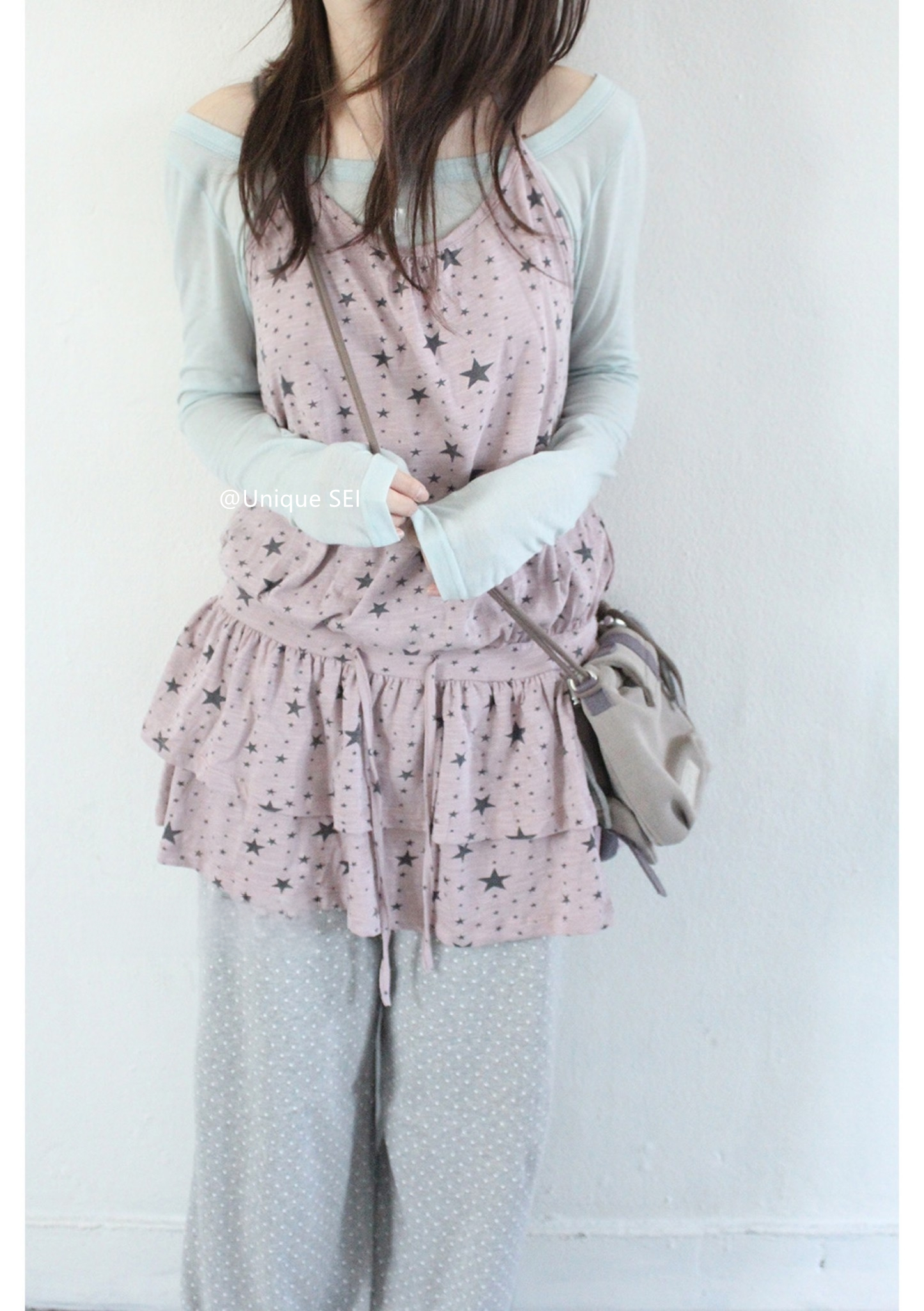 thumbnail for Unique SEI Korean Light Asian Y2K Star Low Saturation Cream Slim Strap Cake Dress Woman