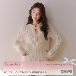 RECIT 复古钩针系带蝴蝶结针织开衫女冬季手工珍珠领短款毛衣外套