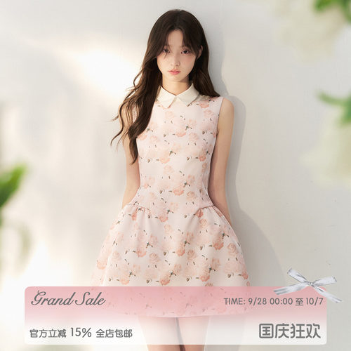 RECIT法式缎面油画玫瑰连衣裙