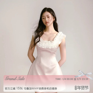 RECIT 粉色缎面拼接白色木耳边撞色一字肩收腰连衣裙生日裙千金风